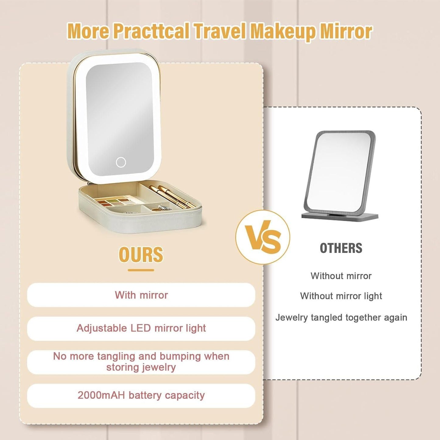THE GIR FARMER travel makeup mirror with adjustable LED light and jewelry storage case 2000mAh battery