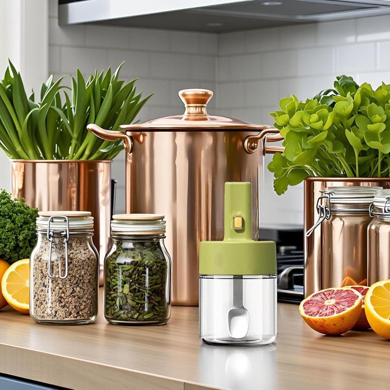 Glass seasoning jar with spoon lid displayed on kitchen counter with copper pots and fresh herbs