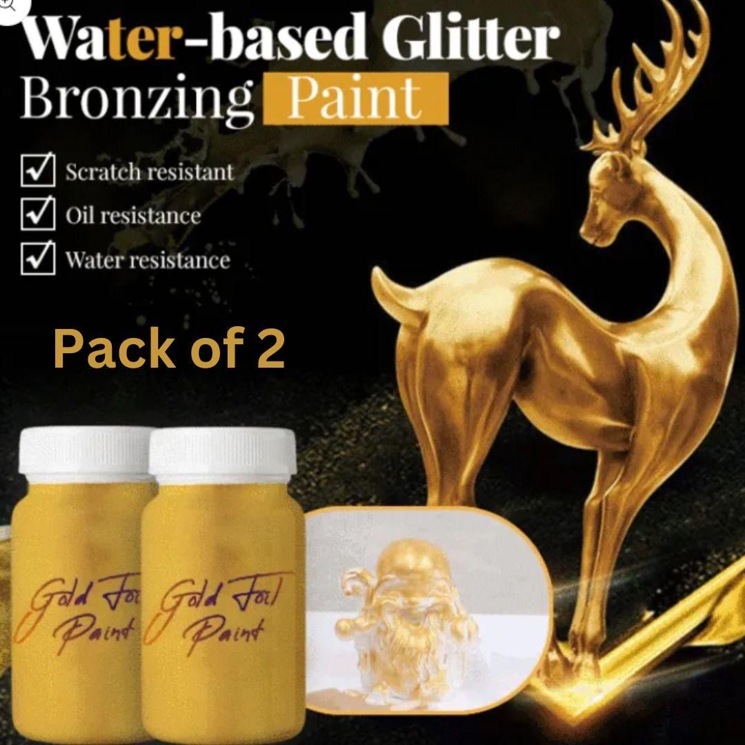 Two jars of gold foil paint and a gilded deer and bust showing water-based glitter bronzing paint finish