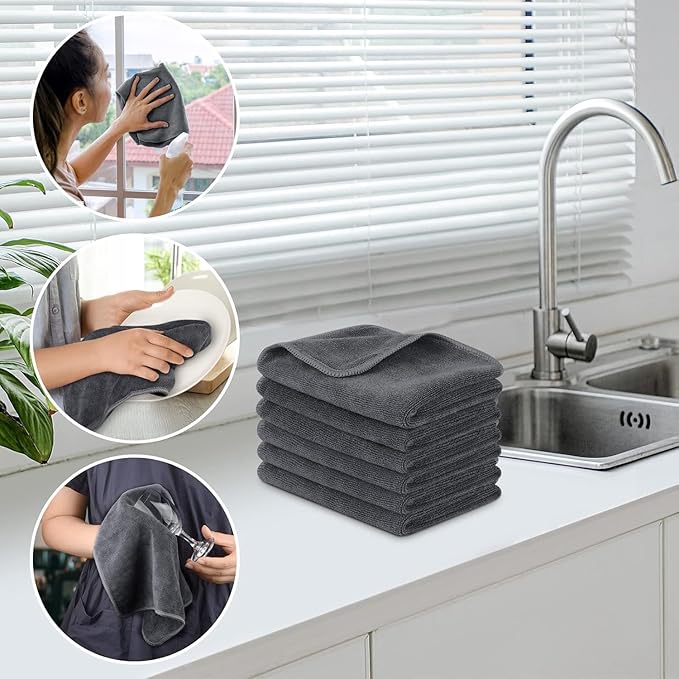 Stack of gray microfiber cloth for household cleaning with examples of cleaning windows, dishes, and bottles