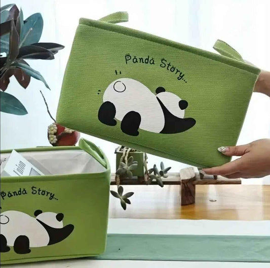 Green panda themed storage organizer with panda graphic and handles for easy carrying