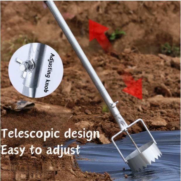 The Gir Farmer greenhouse film punch tool with telescopic design and adjustable knob for easy soil and film penetration