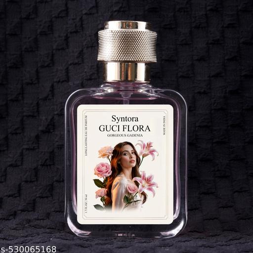 THE GIR FARMER perfume bottle showcasing Gucci Flora scent with floral design and gold cap