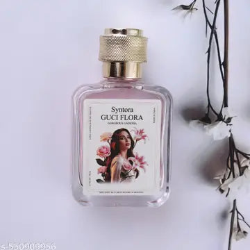 THE GIR FARMER perfume bottle featuring Gucci Flora scent with floral artwork on the label