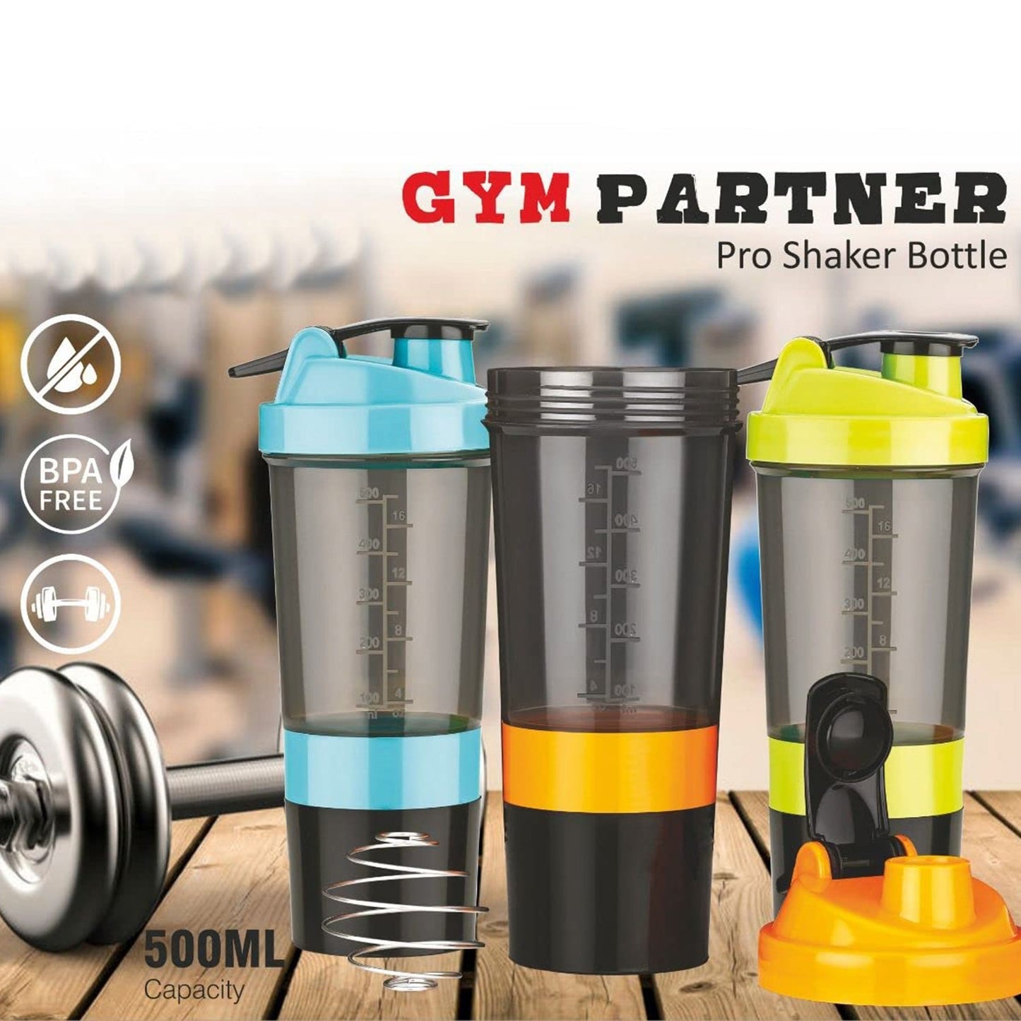 The Gir Farmer best protein shaker for workout in blue yellow and black BPA free gym partner bottles