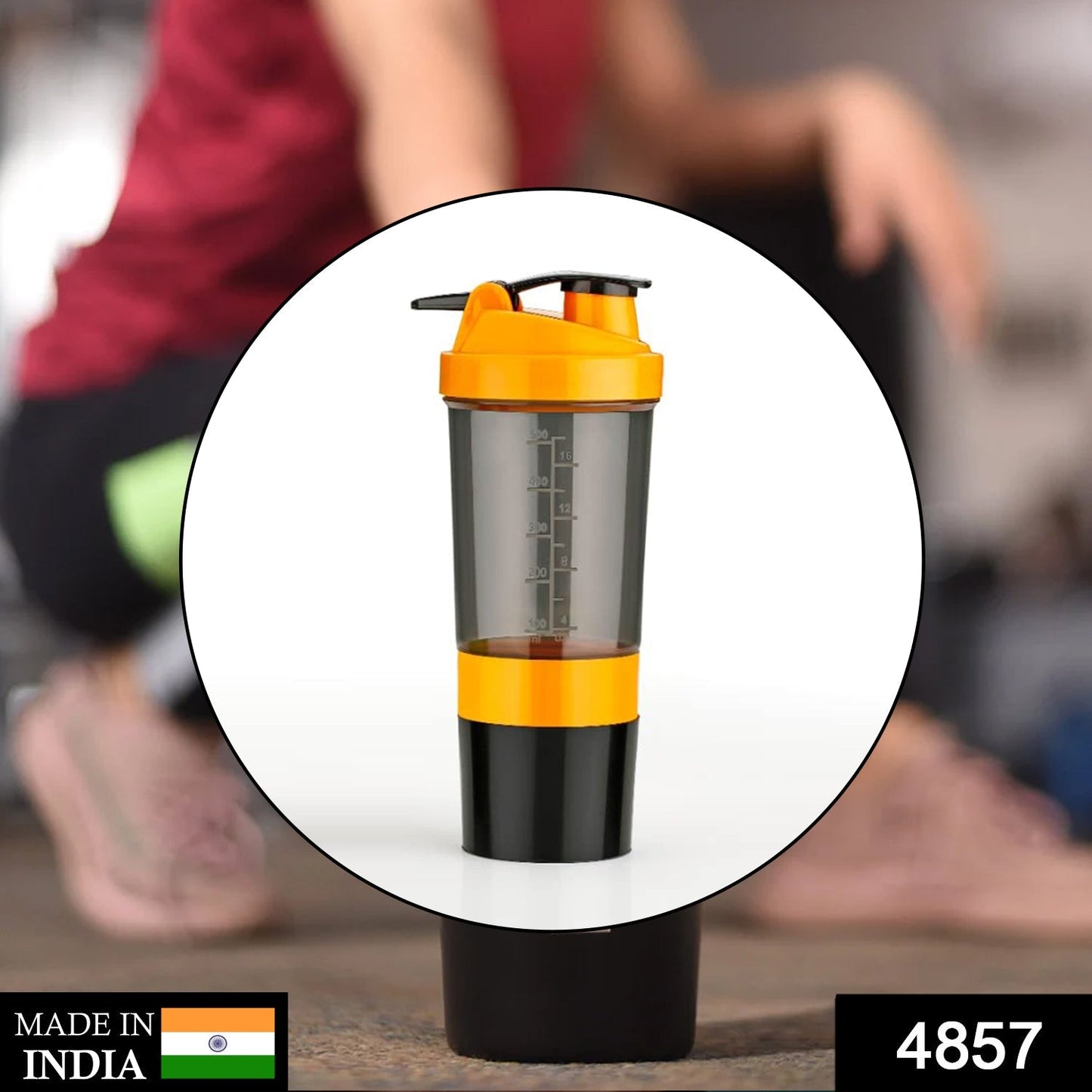 The Gir Farmer best protein shaker for workout with orange lid and black container on gym background