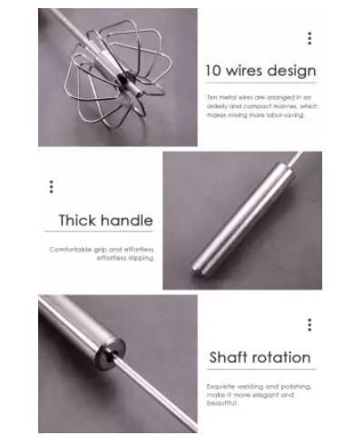 Stainless steel hand whisk mixer for baking with 10 wire design, thick handle, and smooth shaft rotation