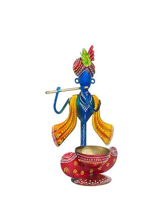 Handcrafted Krishna statue for home with vibrant colors playing flute and decorative base