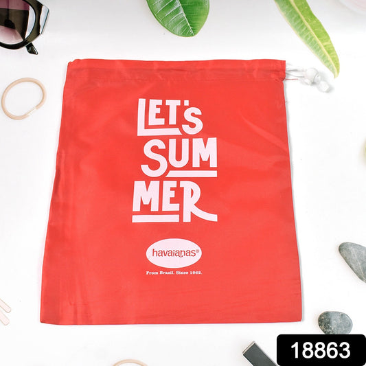 Red heavy duty drawstring bag with summer design for storing and transporting items securely