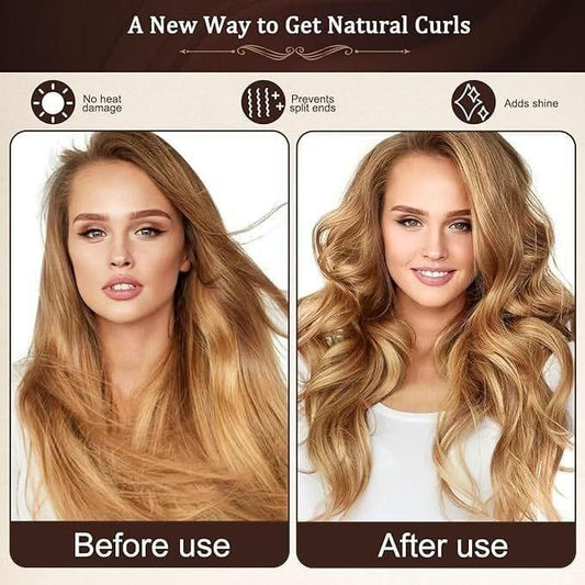 Heatless curling rods pack of 3 for achieving natural curls without damage, shown before and after use.