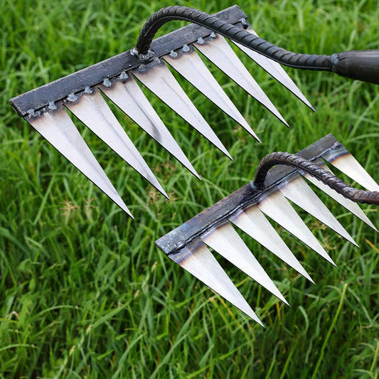 Heavy duty iron garden rake with sharp tines, ideal for tough gardening tasks and soil preparation
