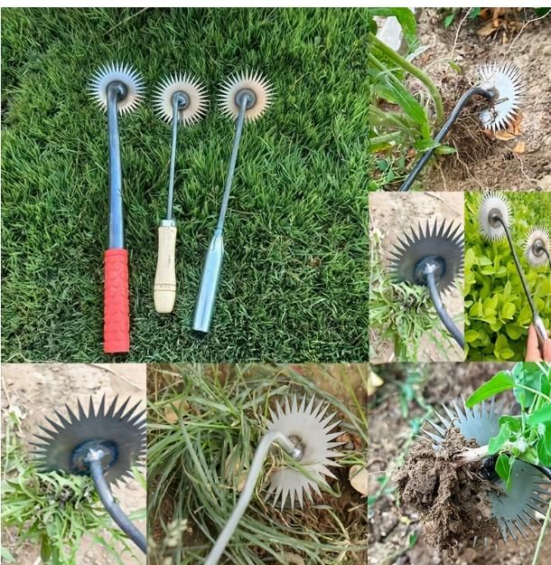 The Gir Farmer heavy duty metal weed crusher with spiked wheels for effective weed removal in gardens