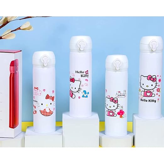 White stainless steel kitty water bottle with Hello Kitty designs and secure flip-top lid