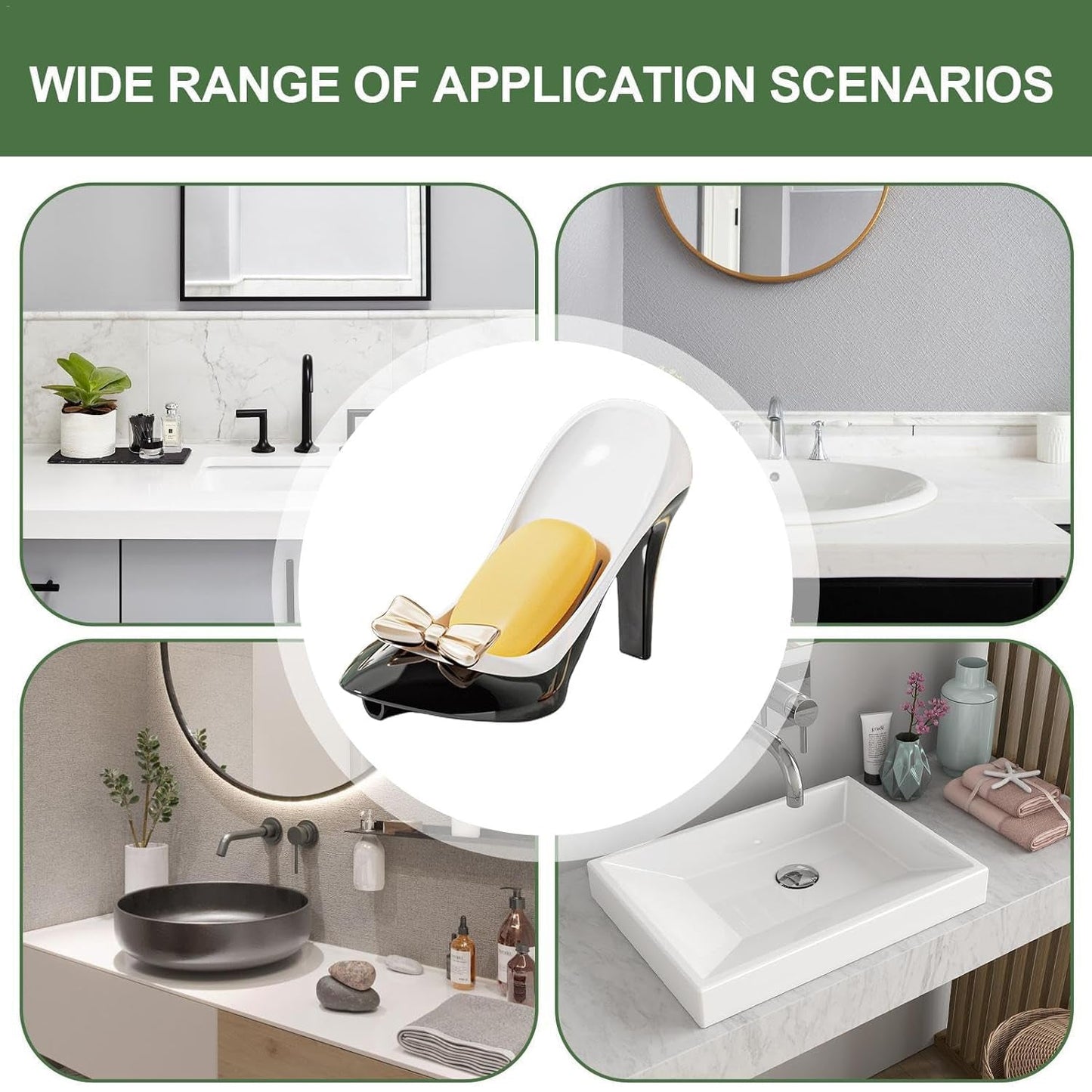 High heel soap holder showcased in various bathroom and kitchen settings for versatile use