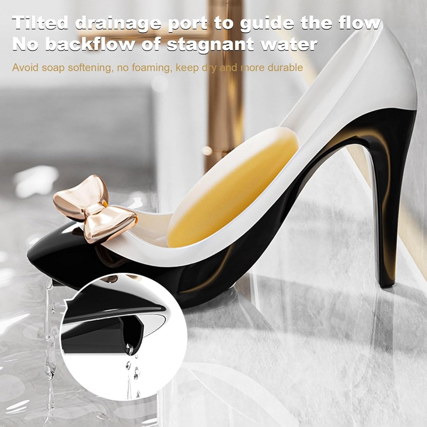 Stylish high heel soap holder with tilted drainage port to prevent stagnant water buildup