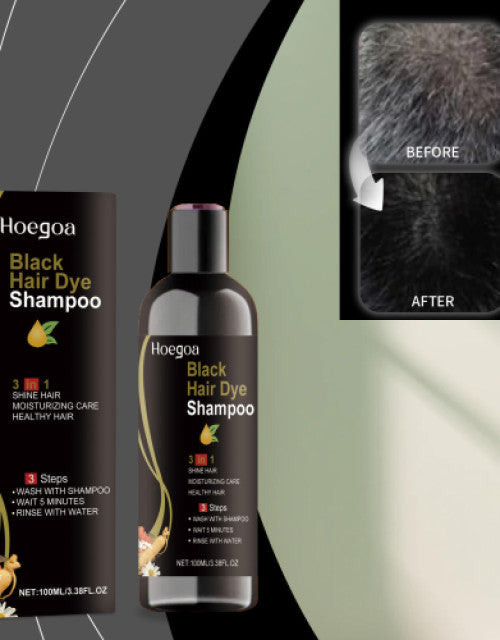 Dropdash organic hair dye shampoo in a black bottle with before and after results for shiny hair