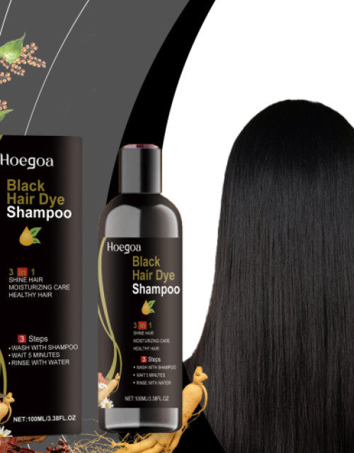 Hoegoa Black Hair Dye Shampoo bottle with shiny straight hair, promotes moisturizing and healthy hair with organic hair dye shampoo