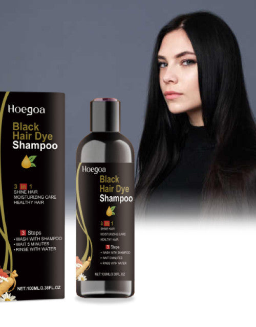 Hoegoa organic hair dye shampoo for shiny hair with moisturizing care, 100ml bottle next to model