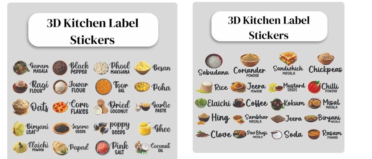 Spice jar label set for kitchen featuring 3D stickers with names and images of various spices and ingredients