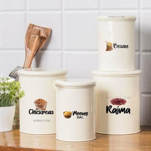 Spice jar label set for kitchen with chickpeas moong dal besan and rajma on white ceramic containers