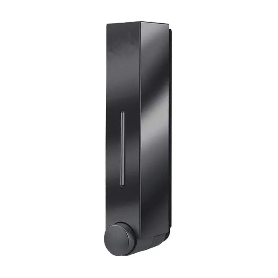 Matte black slim wall mounted soap dispenser with bottom push knob and clear soap level window