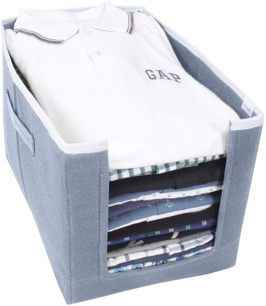 THE GIR FARMER foldable cloth organizer set blue fabric storage bin with front window holding neatly folded shirts