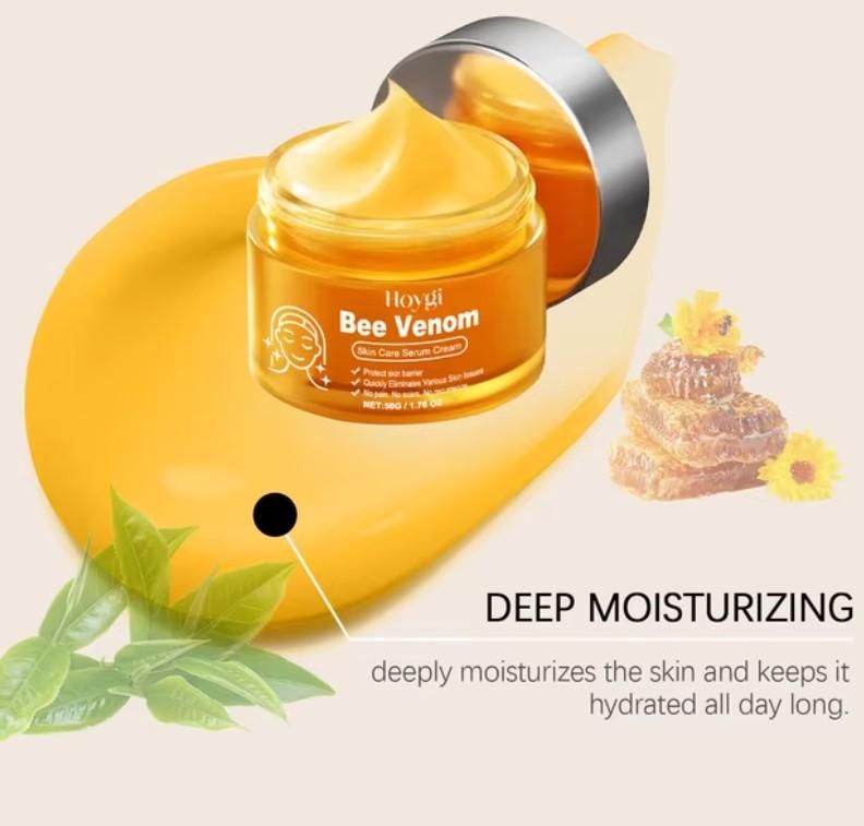 Bee Venom Skin Cream in a jar with a yellow formula, designed for deep moisturizing and hydration