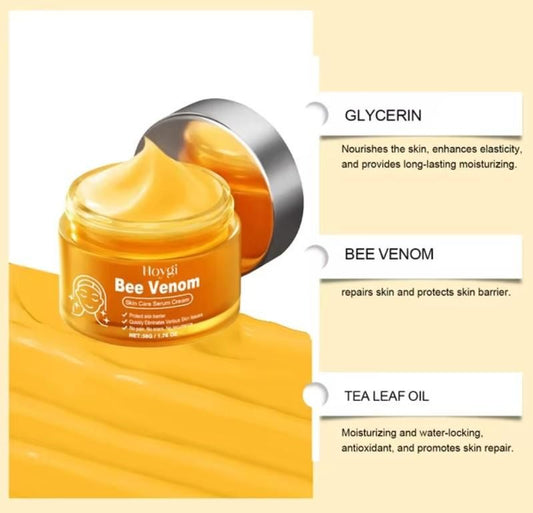 Moisturizing bee venom skin cream in a jar with a creamy texture and key ingredient highlights