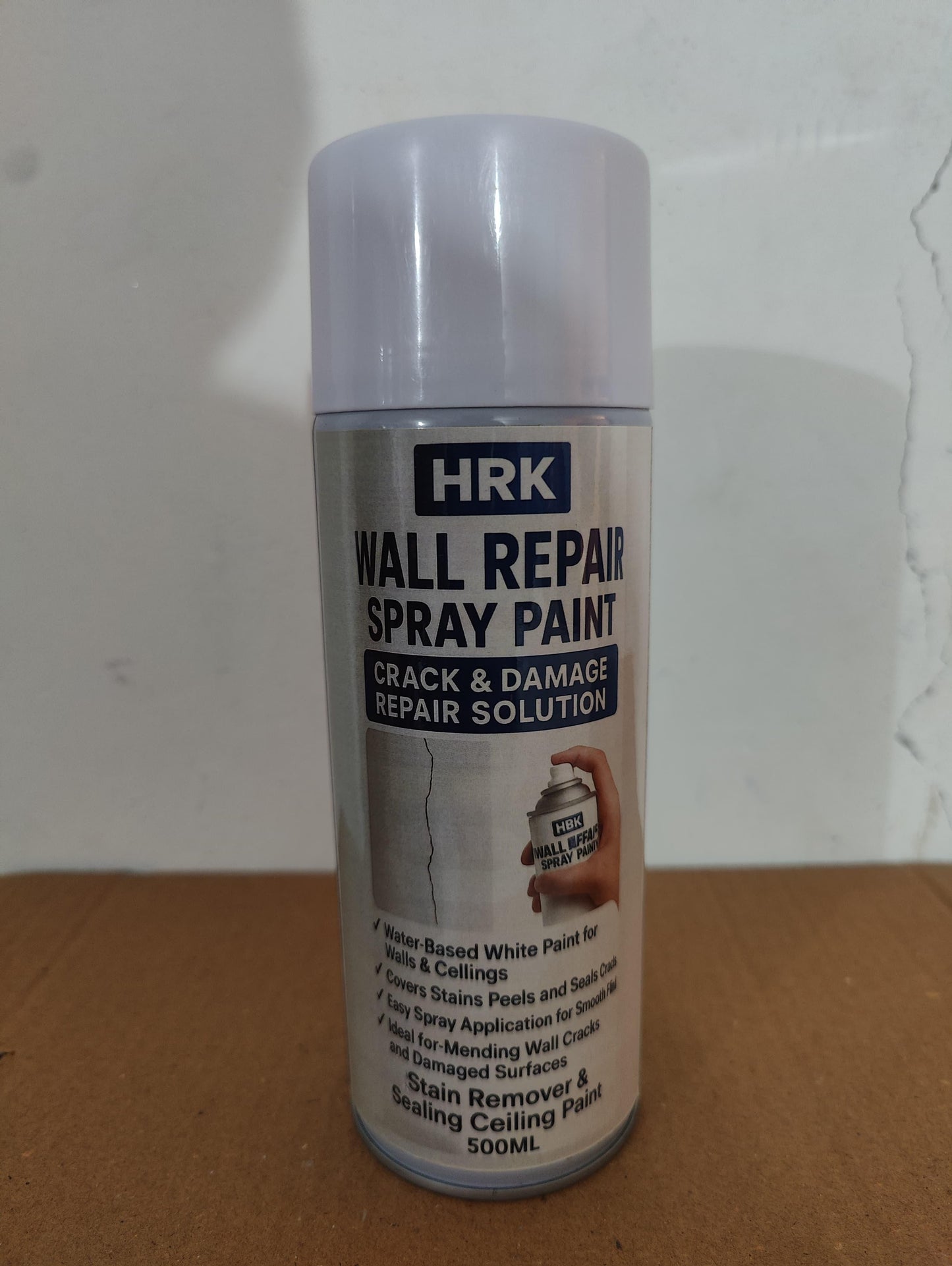 HRK wall repair spray paint in silver can for crack and damage repair on walls and ceilings
