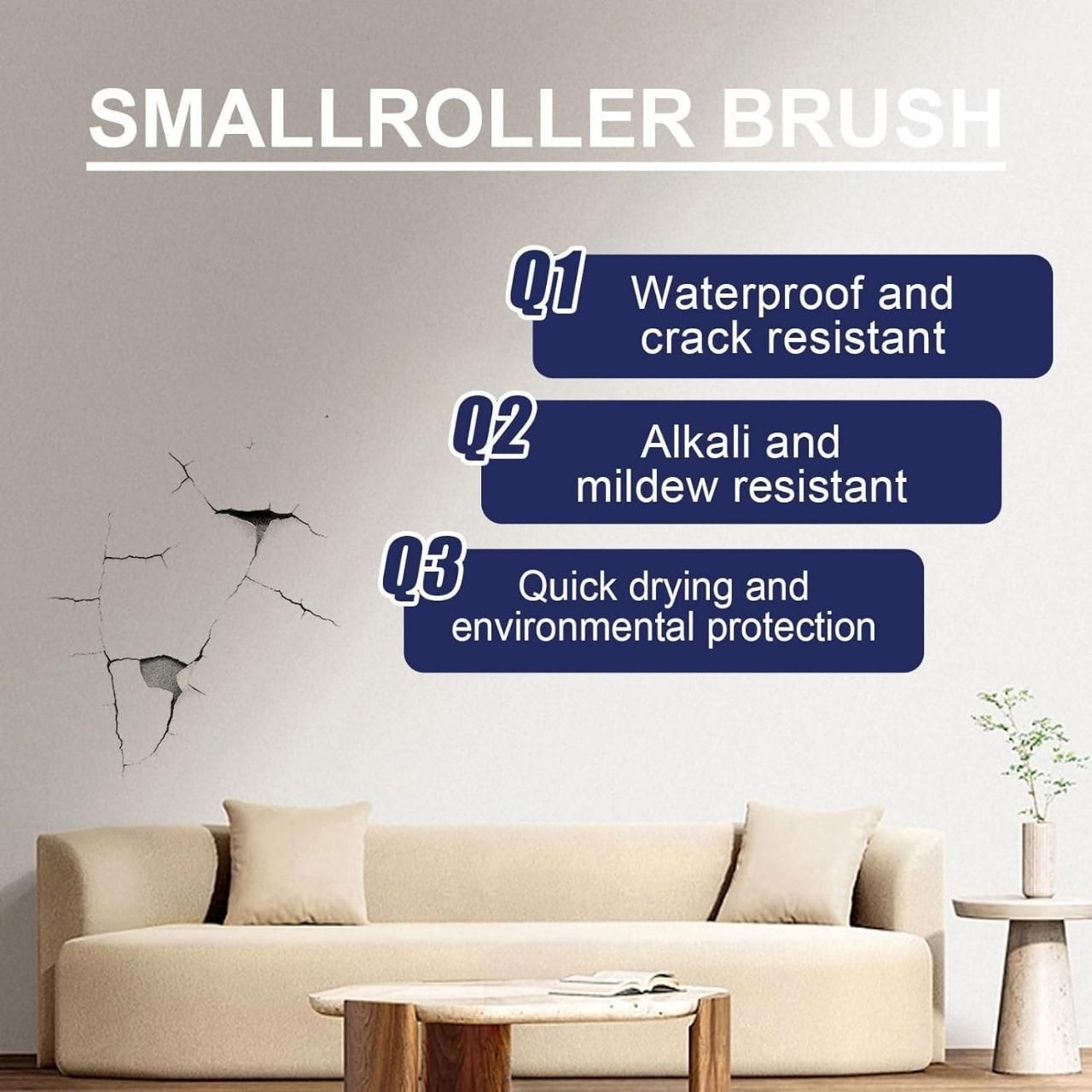 Wall with cracks above beige sofa showing waterproof and quick drying wall repair spray paint by THE GIR FARMER