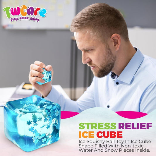 Ice Cube Stress Ball in blue with snowflake design, perfect for stress relief and squishy fun