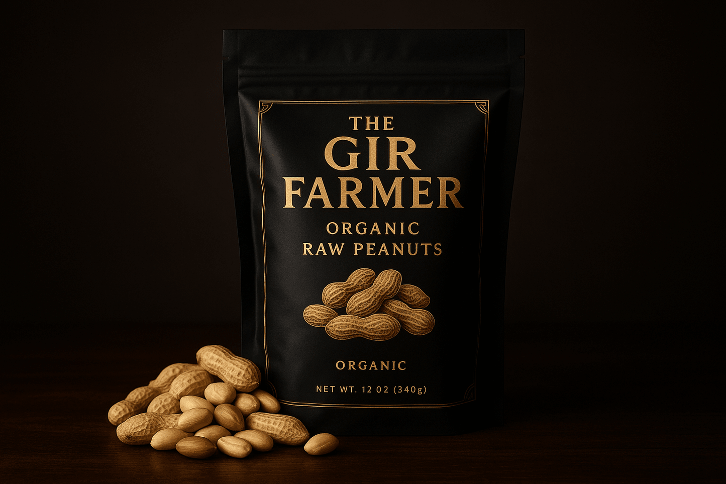 THE GIR FARMER organic raw peanuts in black packaging displayed with some loose peanuts for healthy snacking