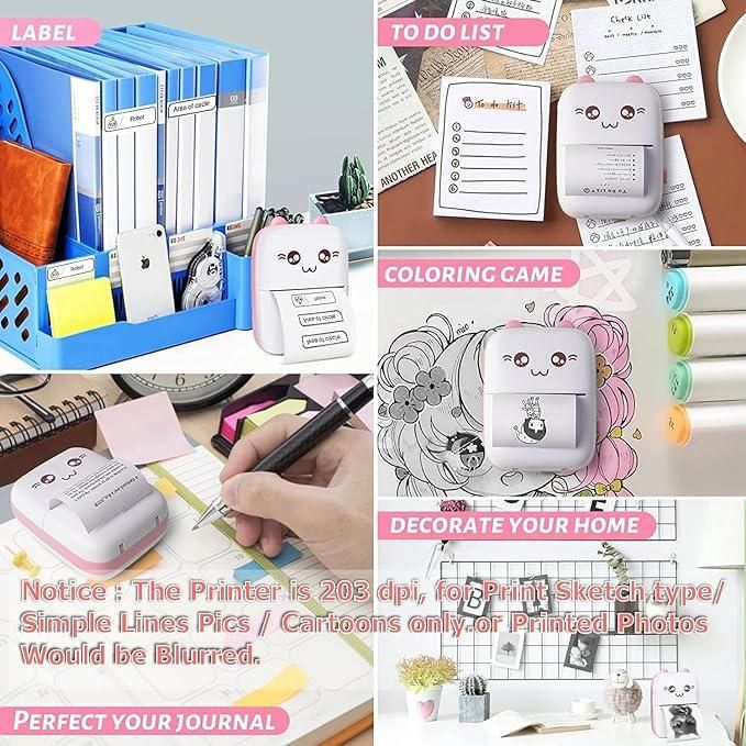 Compact inkless pocket printer with cute face design printing labels, to-do lists, coloring pages, and journal notes