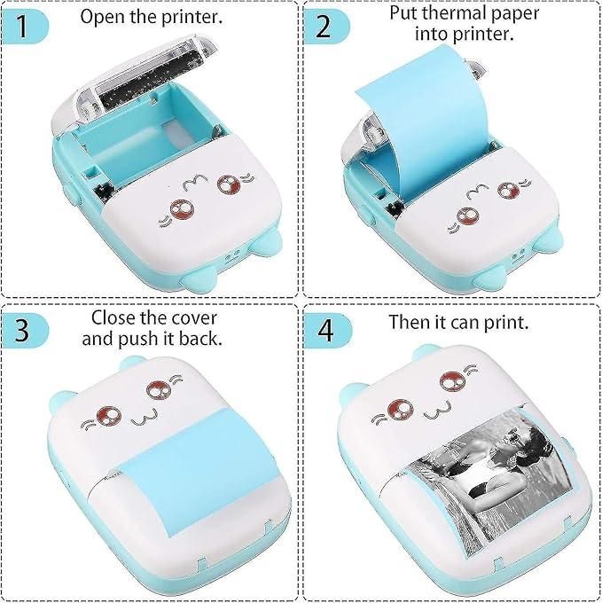 Steps showing how to use the inkless pocket printer with thermal paper loading and printing