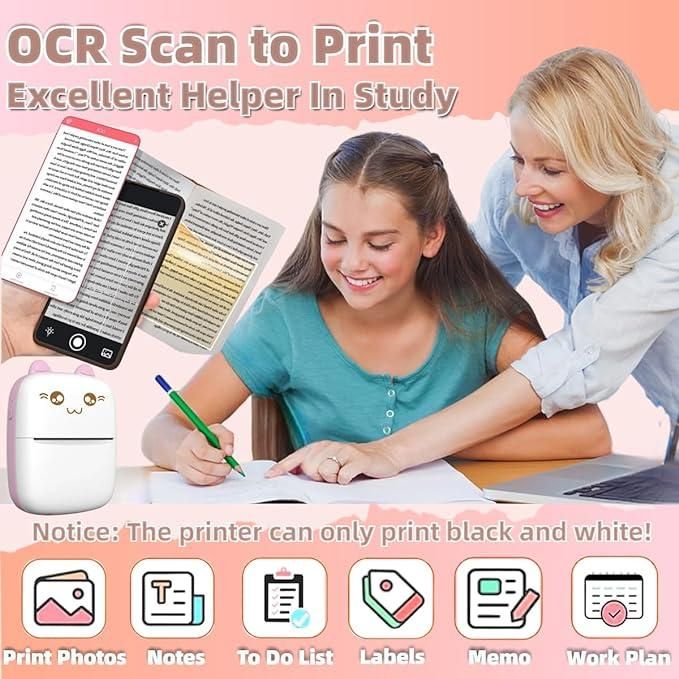 Inkless pocket printer with OCR scan feature shown as a study helper printing notes and labels
