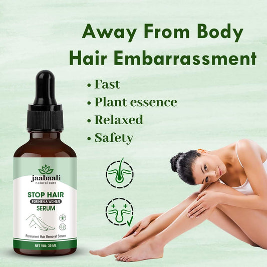 Permanent hair removal serum in brown bottle promoting fast, safe, and relaxed hair removal for men and women
