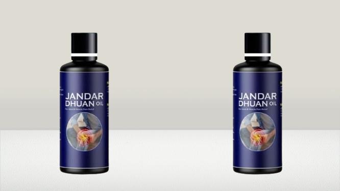 Jandar Dhuan Oil bottle for joint and muscle pain relief oil with dark blue label and black cap