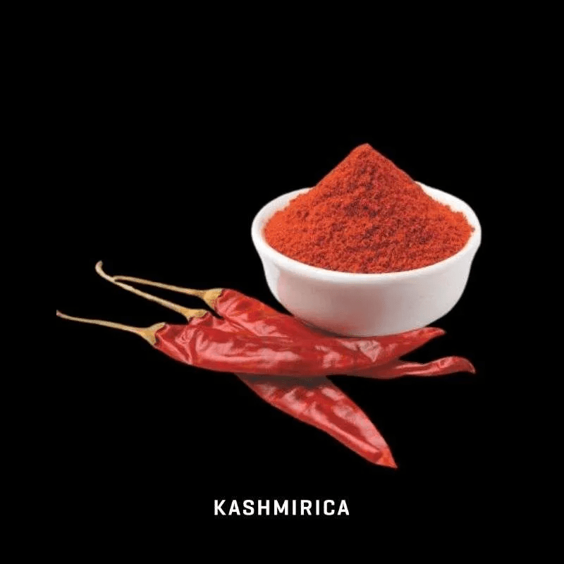 Organic red chilli powder in white bowl with dried red chillies on black background by THE GIR FARMER