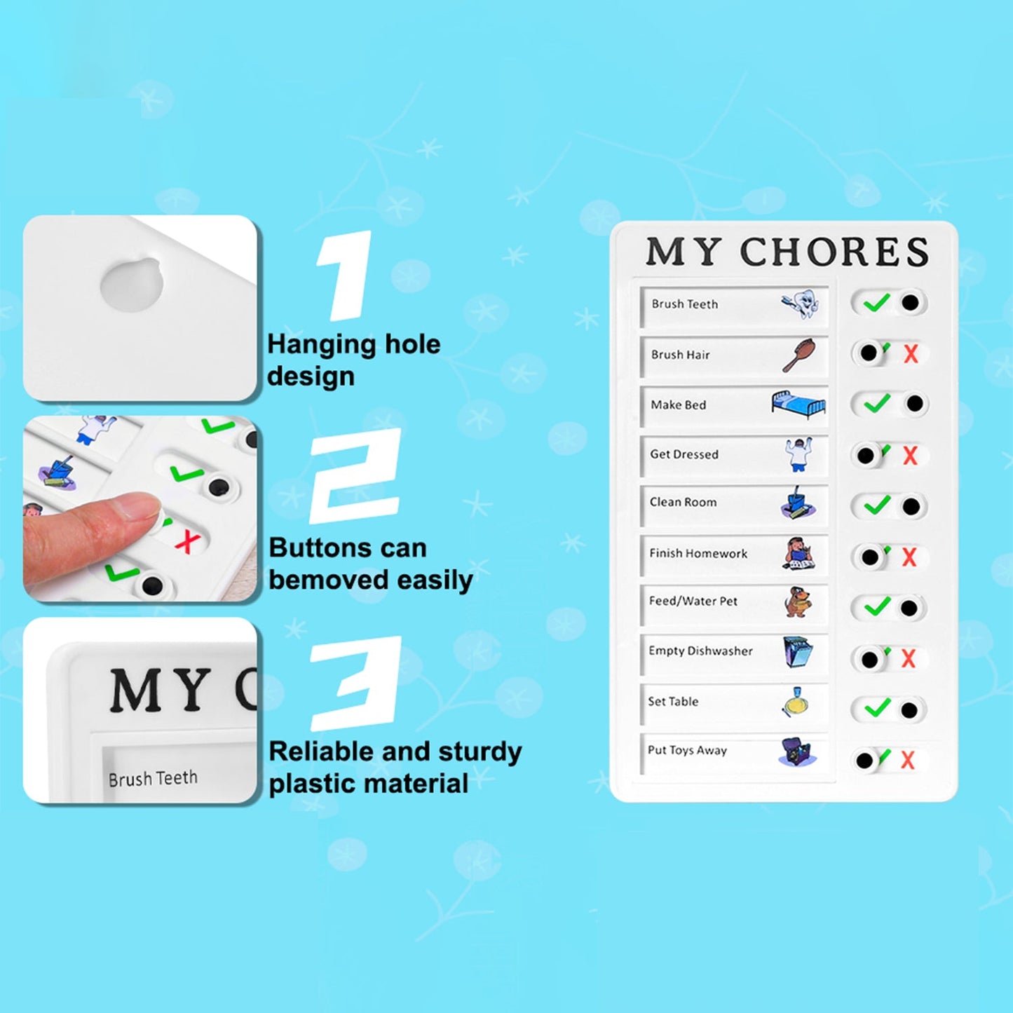 Kids chore chart board featuring a hanging hole design and easy-to-remove buttons for organization