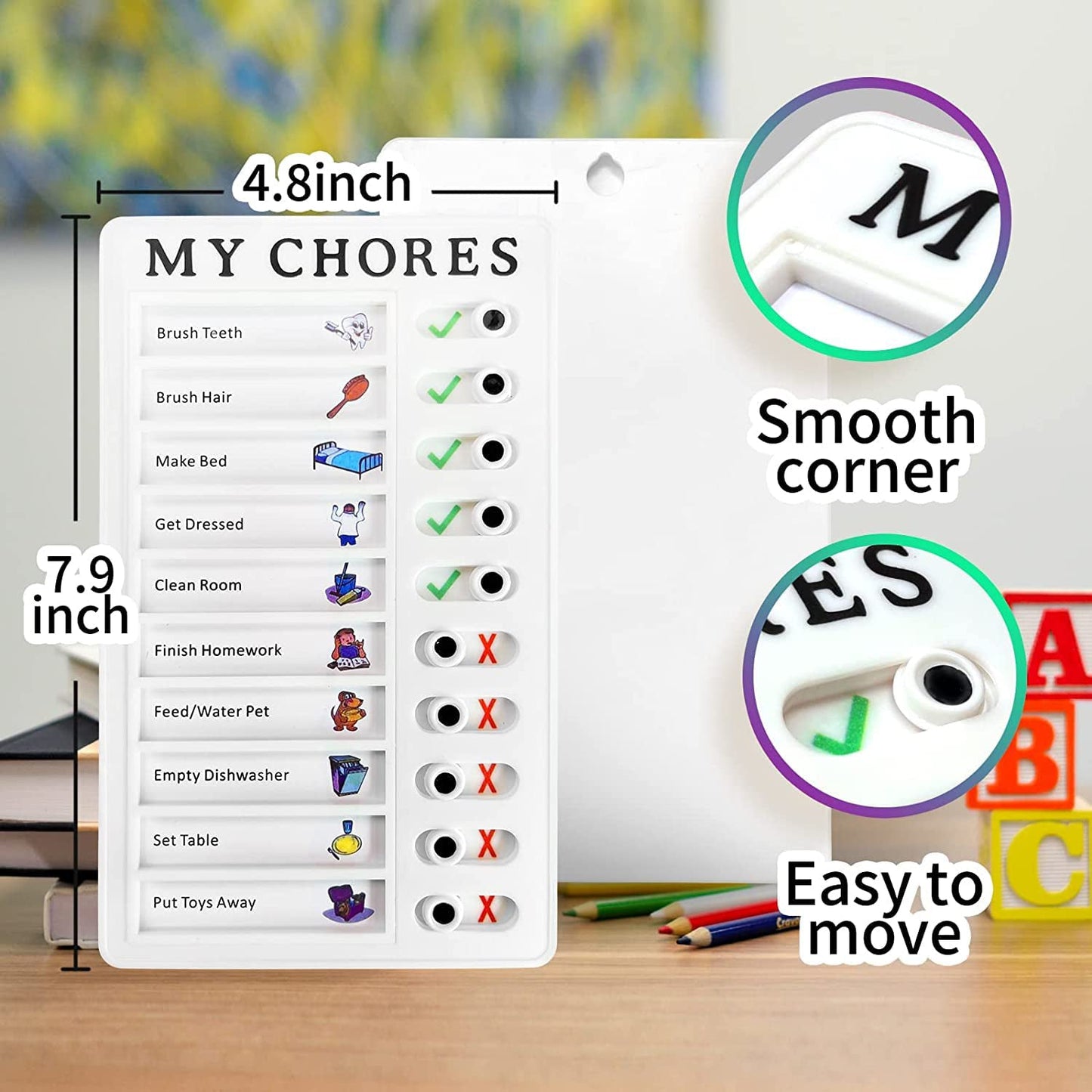 Kids chore chart board with clear chores list, easy to move, and smooth corners for safe use