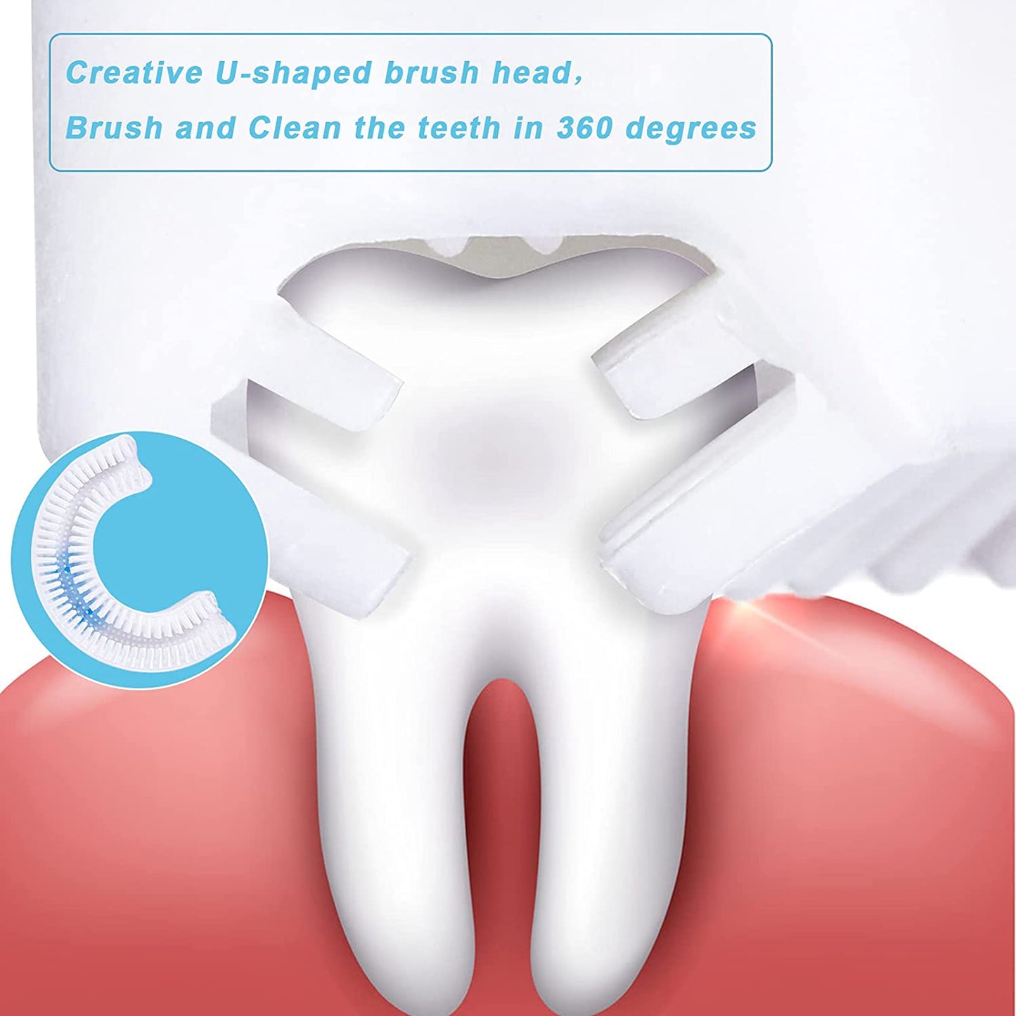Kids U shaped toothbrush featuring a creative brush head for 360-degree cleaning of teeth