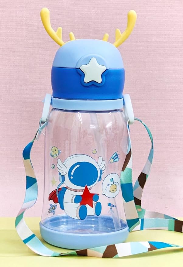 The Gir Farmer cartoon deer water bottle for kids clear bottle with blue lid yellow antlers star cap and strap