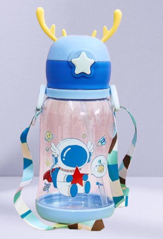 The Gir Farmer cartoon deer water bottle for kids with blue antler lid star detail and astronaut print strap