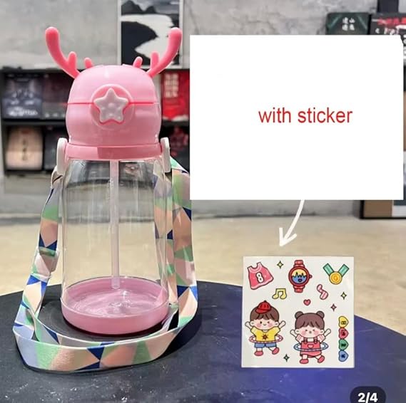 The Gir Farmer pink cartoon deer water bottle for kids with straw lid detachable strap and sticker sheet