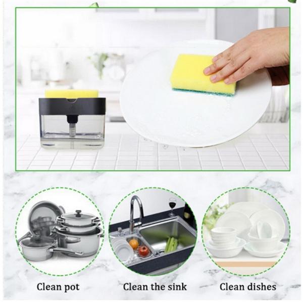 Kitchen dish soap dispenser with sponge on white tile countertop cleaning plates and kitchenware