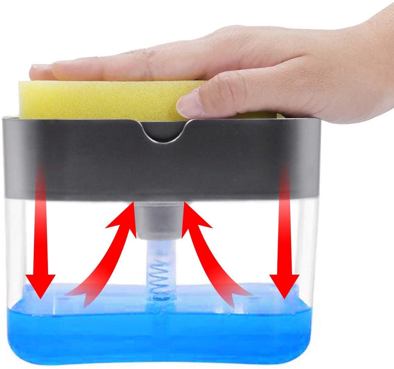 Kitchen dish soap dispenser with sponge holder and press pump dispensing blue soap