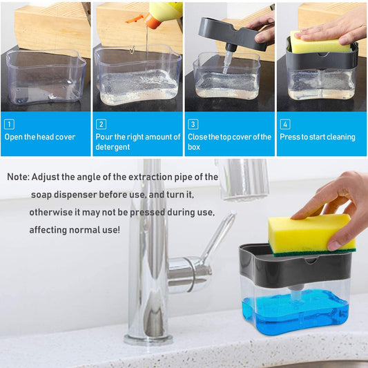 Kitchen dish soap dispenser with clear reservoir and black lid shown with instructions and hands using a sponge