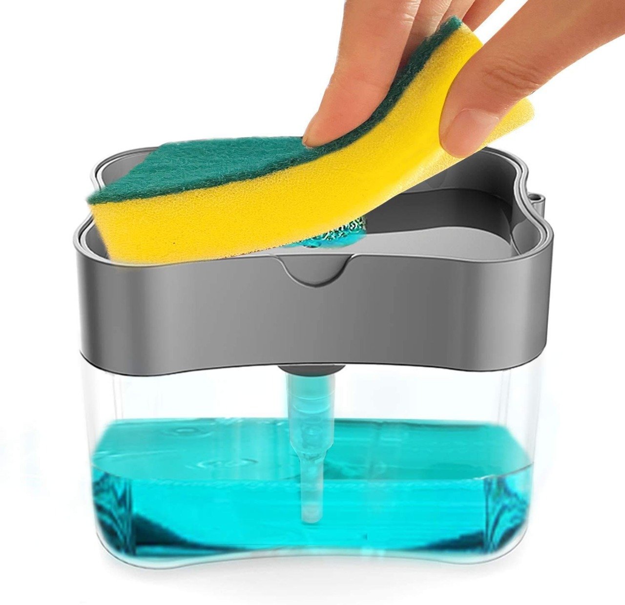 Kitchen dish soap dispenser with built-in sponge holder dispensing blue soap
