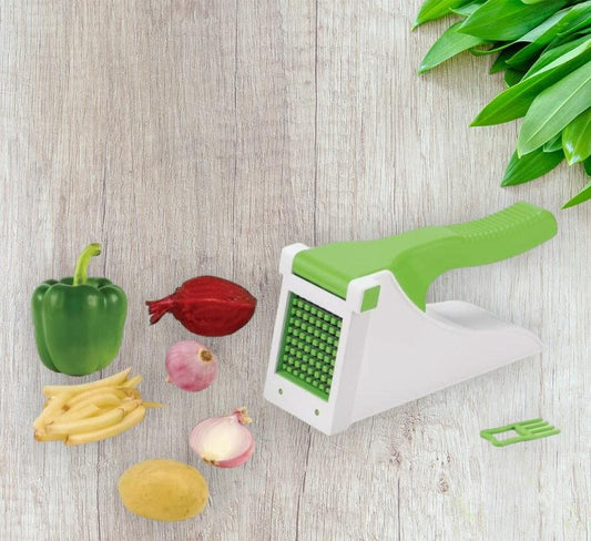 THE GIR FARMER heavy duty vegetable chopper green handle white body with dicer grid and pusher on wood