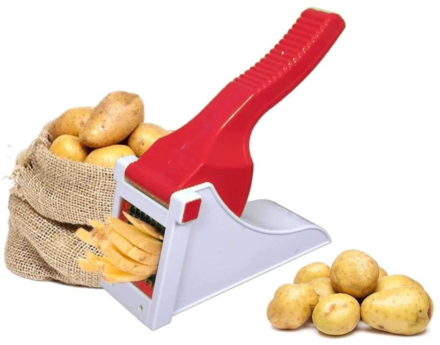 Red handled heavy duty vegetable chopper on white base slicing potatoes with sack of potatoes beside